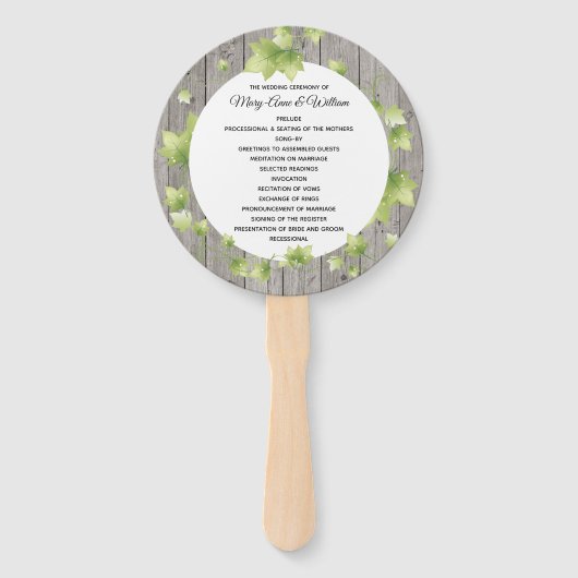 Rustikales Holz- und Ivy-Hochzeitsprogramm Fächer (Vorderseite)