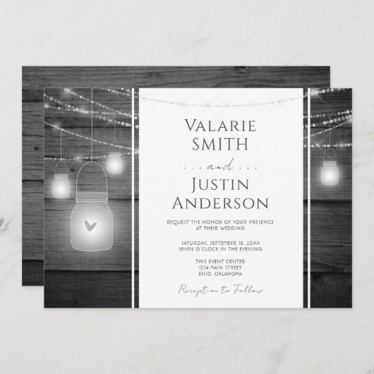 Rustikales Holz und Jar Lights Hochzeitseinladung Einladung (Vorne/Hinten)