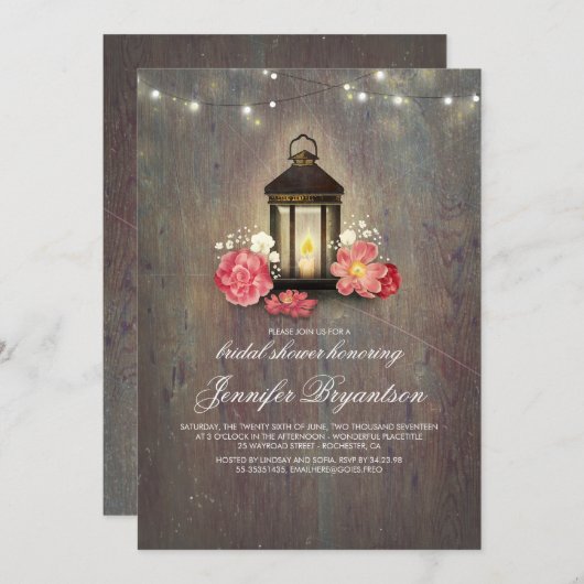 Rustikales Holz und Laternenholz-Brautparty Einladung (Vorne/Hinten)