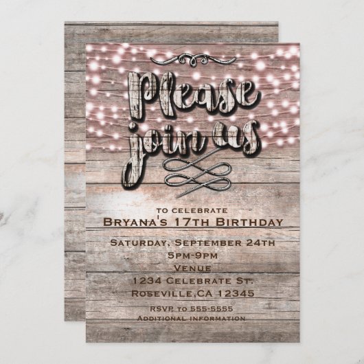 Rustikales Holz und Lichter Elegante Einladungen (Vorne/Hinten)