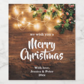 Rustikales Holz und Lichter Frohe Weihnachtsweinma Weinetikett (Einzelnes Label)