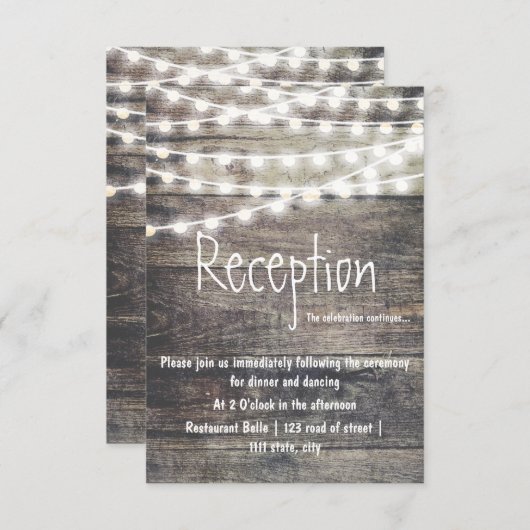 Rustikales Holz und Lichter Hochzeitsempfang Begleitkarte (Vorne/Hinten)