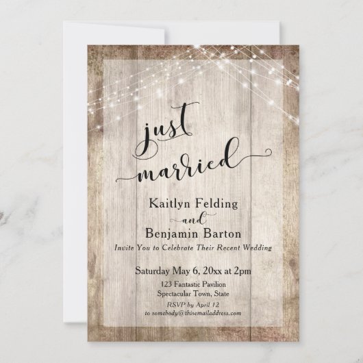 Rustikales Holz und Lichter, nur verheiratet, Empf Einladung (Vorderseite)