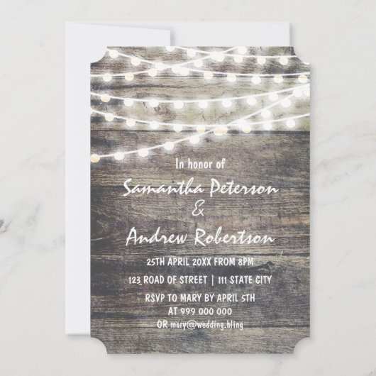 Rustikales Holz und Lichter Probe Einladung (Rückseite)