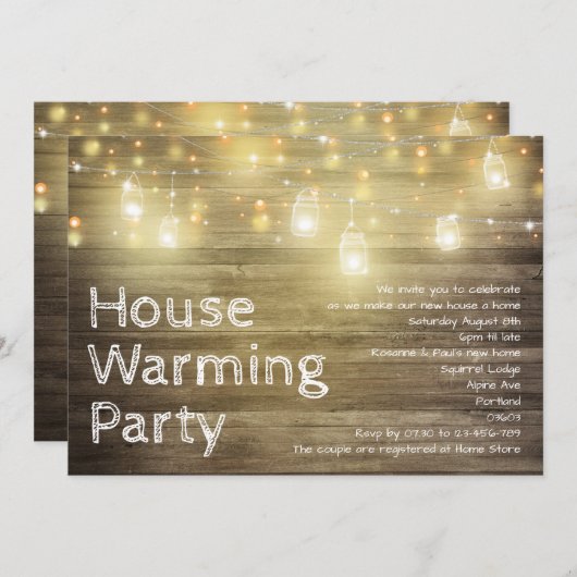 Rustikales Holz und Lights Garden Party Erwärmung Einladung (Vorne/Hinten)