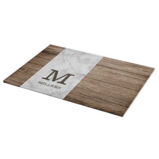 Rustikales Holz und Marmor Familienname Mit Monogr Schneidebrett (Ecke)