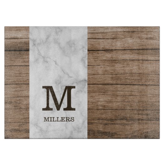 Rustikales Holz und Marmor Familienname Mit Monogr Schneidebrett (Vorderseite)