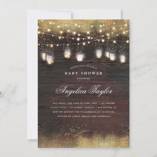 Rustikales Holz und Mason Jar Lights Babydusche Einladung (Vorderseite)