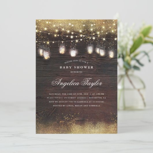 Rustikales Holz und Mason Jar Lights Babydusche Einladung (Stehend Vorderseite)