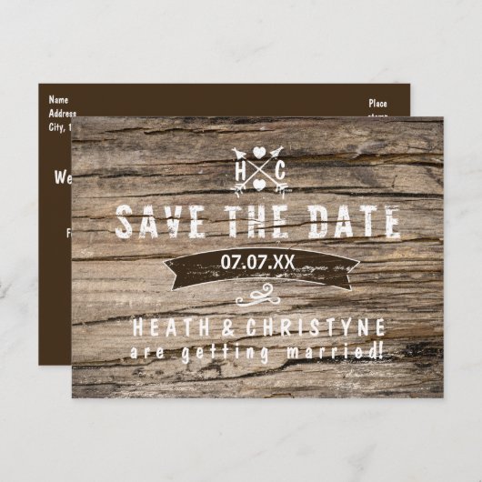 Rustikales Holz und Pfeile "SAVE THE DATE" Postkar Ankündigungspostkarte (Vorne/Hinten)