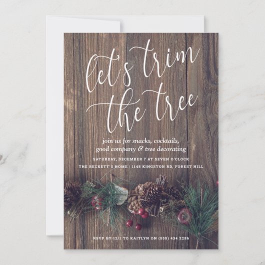 Rustikales Holz- und Pinienbäume Party Einladung (Vorderseite)