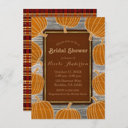 Rustikales Holz und Pumpkins Fall Brautparty Party Einladung (Vorne/Hinten)