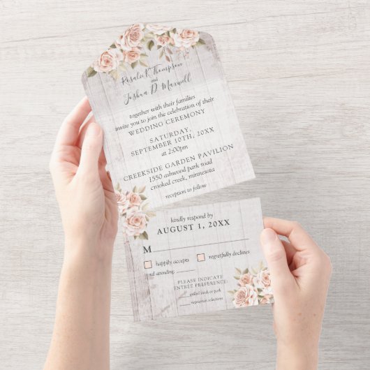 Rustikales Holz und romantische Rose Shabby Chic H All In One Einladung (Abreißen)