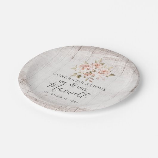 Rustikales Holz und romantische Rose Shabby Chic H Pappteller (Schrägansicht)