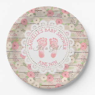 Rustikales Holz und rosa Blume Papier Teller