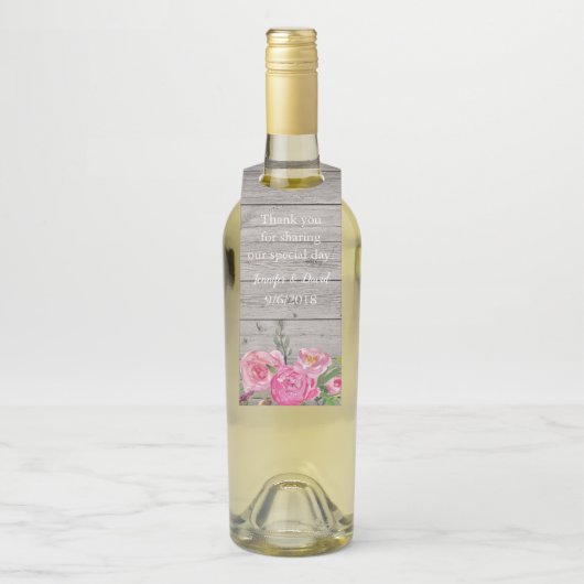Rustikales Holz und rosa Blume Wein Flasche Gefall Flaschenanhänger (Auf Flasche)