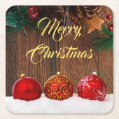 Rustikales Holz und rote Berries Weihnachten Rechteckiger Pappuntersetzer (Vorderseite)