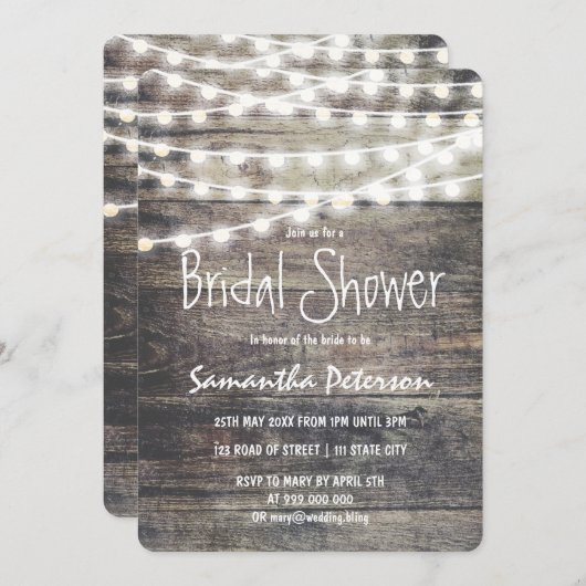 Rustikales Holz- und Schnurlicht-Brautparty Einladung (Vorne/Hinten)