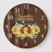 Rustikales Holz und Sonnenblumen Bauernhaus Küche Große Wanduhr (Vorderseite)