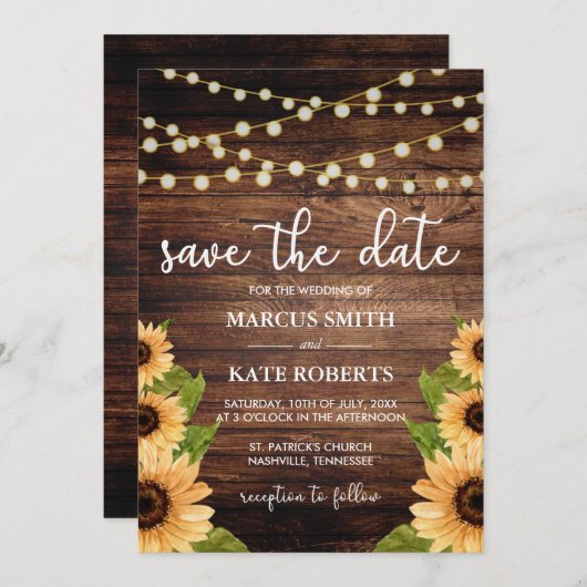 Rustikales Holz und Sonnenblumen Save The Date (Vorne/Hinten)