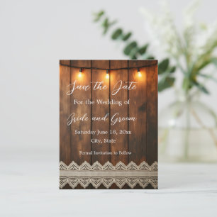 Rustikales Holz und Spitze Save the Date Postkarte