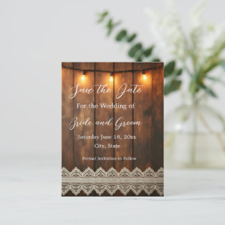 Rustikales Holz und Spitze Save the Date Postkarte