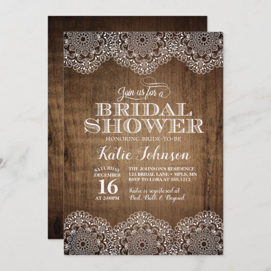 Rustikales Holz und Spitzen Bridal Dusche Einladun Einladung (Vorne/Hinten)