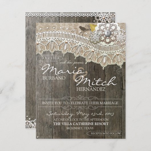 Rustikales Holz und Spitzen-Flora Einladung zur Ho (Vorne/Hinten)