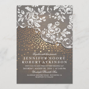 Rustikales Holz und Spitzen Gold Confetti Elegante Einladung