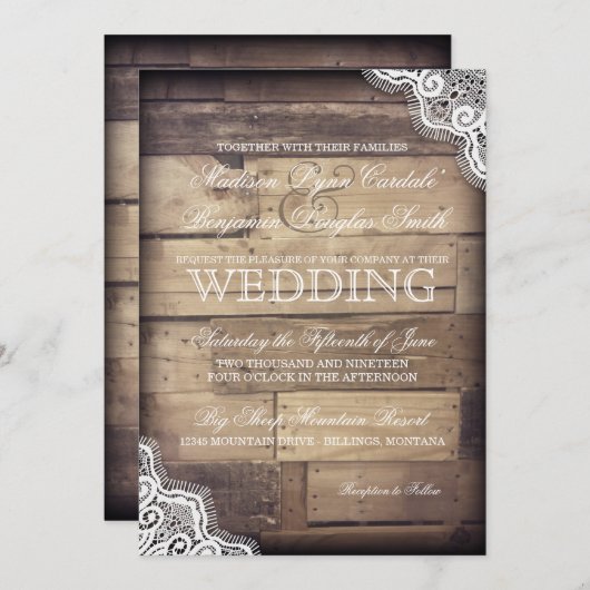 Rustikales Holz und Spitzen Land Einladungen für H (Vorne/Hinten)