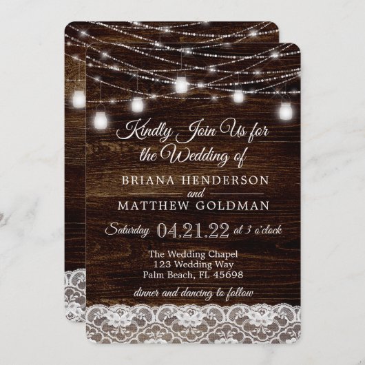 Rustikales Holz und Spitzen Mason Jar Lights Hochz Einladung (Vorne/Hinten)