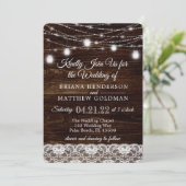 Rustikales Holz und Spitzen Mason Jar Lights Hochz Einladung (Stehend Vorderseite)