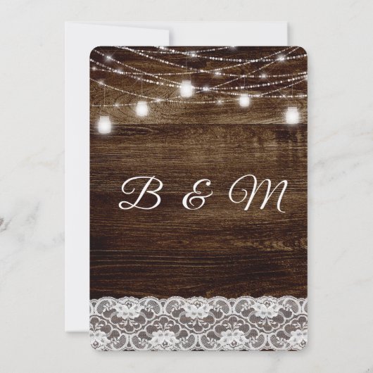 Rustikales Holz und Spitzen Mason Jar Lights Hochz Einladung (Rückseite)