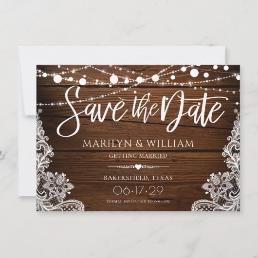 Rustikales Holz und Streichellichter Hochzeit Save The Date (Vorderseite)