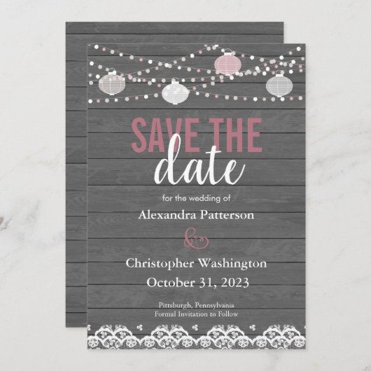 Rustikales Holz und Streichleuchten/Lanterne Save Einladung (Vorne/Hinten)