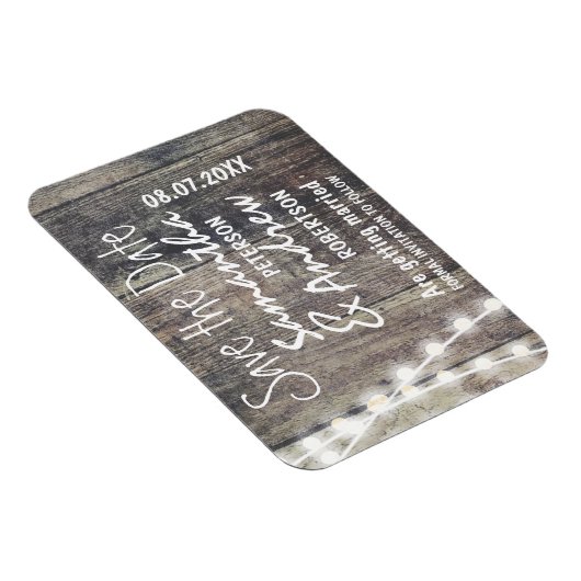 Rustikales Holz und Streichlichter Save the Date Magnet (Rechte Seite)