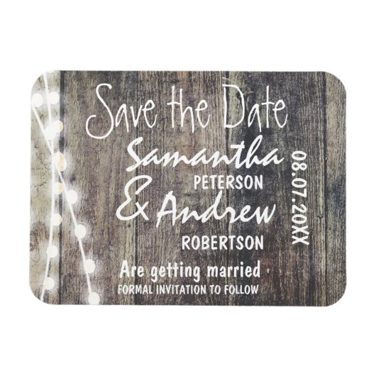 Rustikales Holz und Streichlichter Save the Date Magnet (Horizontal)