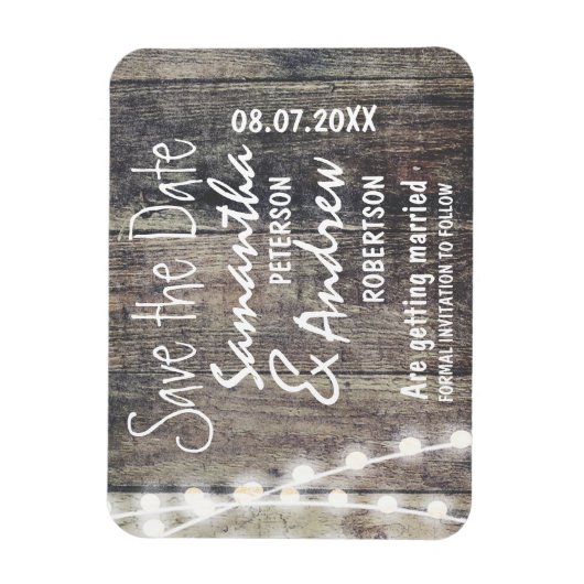 Rustikales Holz und Streichlichter Save the Date Magnet (Vertikal)