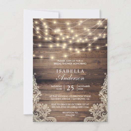 Rustikales Holz und String Lights | BRAUTPARTY Einladung (Vorderseite)