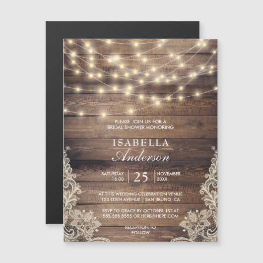 Rustikales Holz und String Lights | BRAUTPARTY Magneteinladung (Vorne/Hinten)