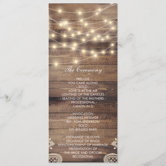 Rustikales Holz und String Lights | Hochzeitsprogr Programm (Vorderseite)