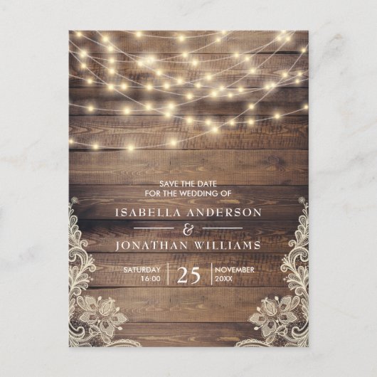Rustikales Holz und String Lights | SAVE THE DATE Ankündigungspostkarte (Vorderseite)
