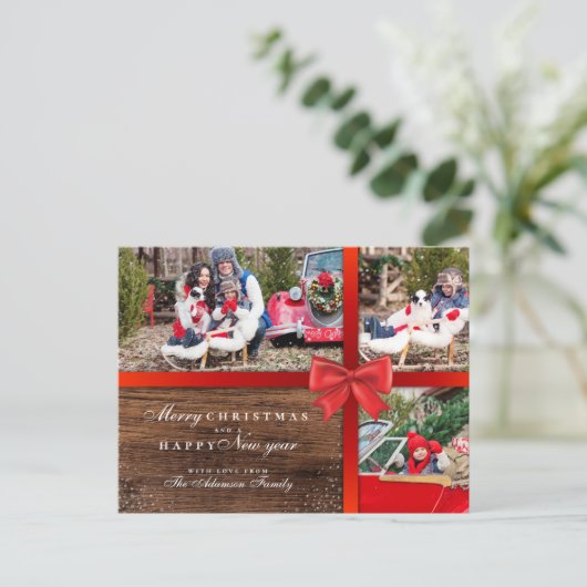 Rustikales Holz und Weihnachtswrapping | 3 FotoCol Postkarte (Stehend Vorderseite)