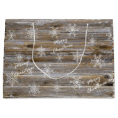 Rustikales Holz und weiße Schneeflocken Frohe Weih Große Geschenktüte (Vorderseite)
