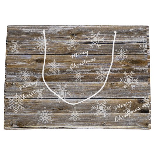 Rustikales Holz und weiße Schneeflocken Frohe Weih Große Geschenktüte (Vorderseite)