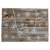 Rustikales Holz und weiße Schneeflocken Frohe Weih Große Geschenktüte (Rückseite)