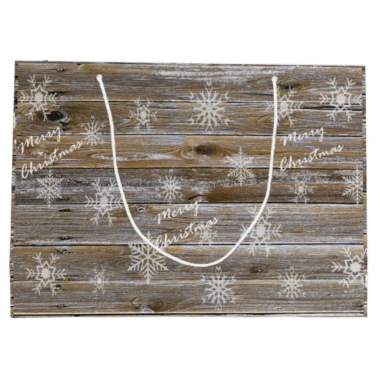 Rustikales Holz und weiße Schneeflocken Frohe Weih Große Geschenktüte (Rückseite)
