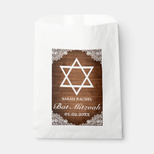 Rustikales Holz und weiße Spitzen Bar Bat Mitzvah Geschenktütchen