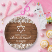Rustikales Holz und weiße Spitzen Bar Bat Mitzvah Pappteller (Party)