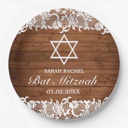 Rustikales Holz und weiße Spitzen Bar Bat Mitzvah Pappteller (Vorderseite)